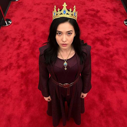Photograph of a young woman with fair skin and black hair wearing a gold crown, black dress, and necklace, standing on a bright red carpet.