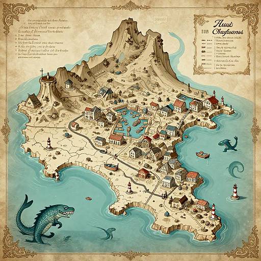 Detailed, vintage-style map illustration of a fantasy coastal island with mountains, buildings, sea creatures, and ships, featuring ornate borders.
