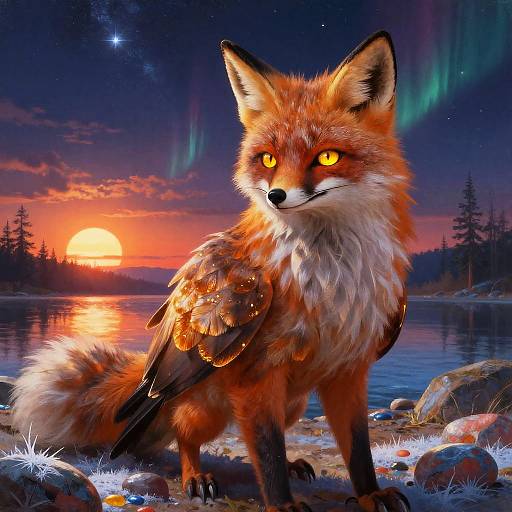 Majestic Fox with Glowing Amber Feathers at Sunrise