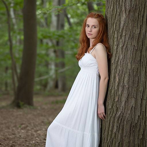 Photograph of a red-haired woman with fair skin, wearing a white, sleeveless, flowing dress, leaning against a tree in a lush, green
