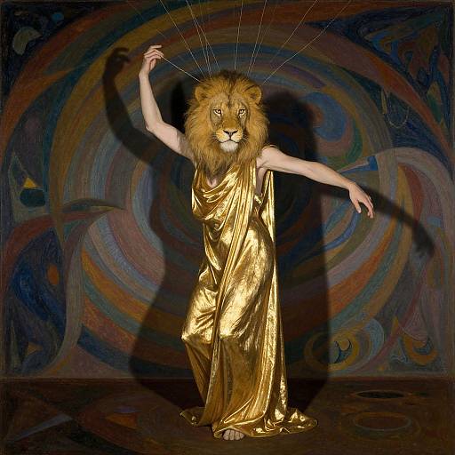 Digital artwork of a lion-headed human in a shimmering gold robe, arms raised, against a swirling, multicolored abstract background.