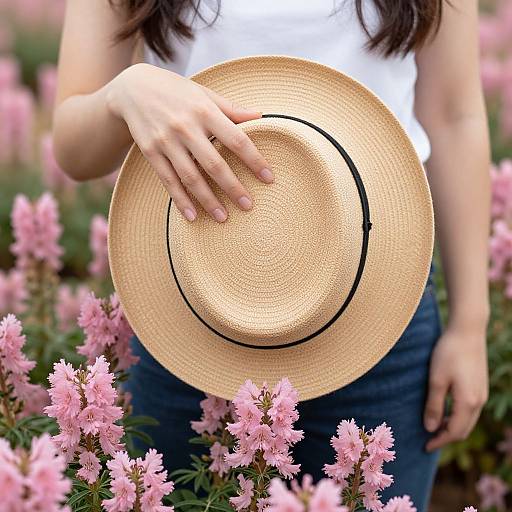 Photograph of a woman holding a straw hat with a black band, standing amidst pink flowers, wearing a white shirt and blue jeans.