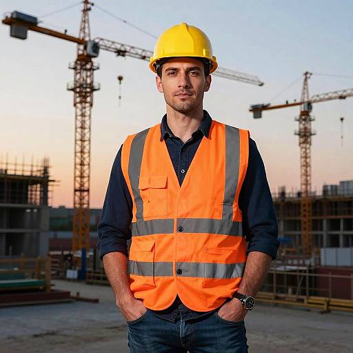 Photograph of a handsome male construction worker in an orange safety vest and yellow helmet, standing on a construction site at sunset with cranes in the background