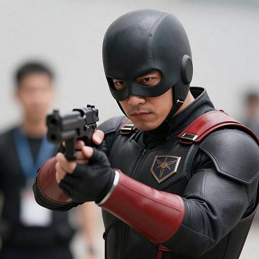 Superhero in Black and Red Costume Aiming Gun