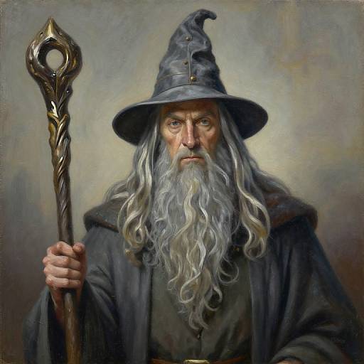 Realistic digital painting of a wise, old wizard with a long white beard, wearing a pointed hat and dark robe, holding an ornate staff against