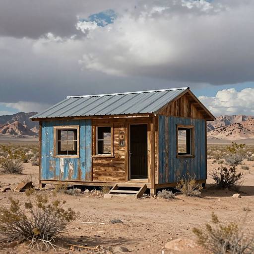 Photograph of a weathered blue and wooden single-room cabin with a metal roof, standing alone in a desert landscape with scattered bushes and distant mountains under