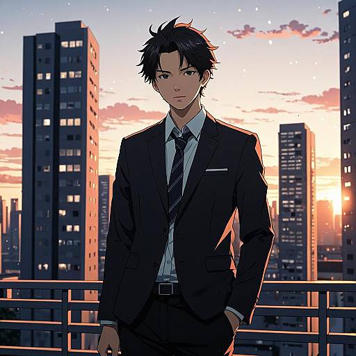 Determined Young Man in Cityscape at Sunset