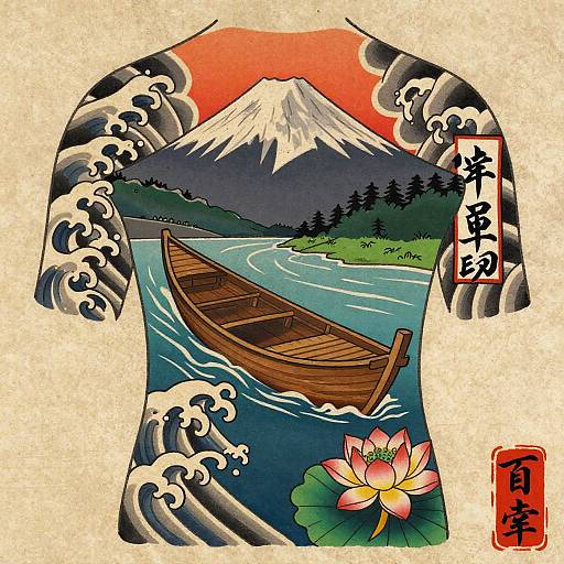 Japanese Boat Tattoo with Mt. Fuji