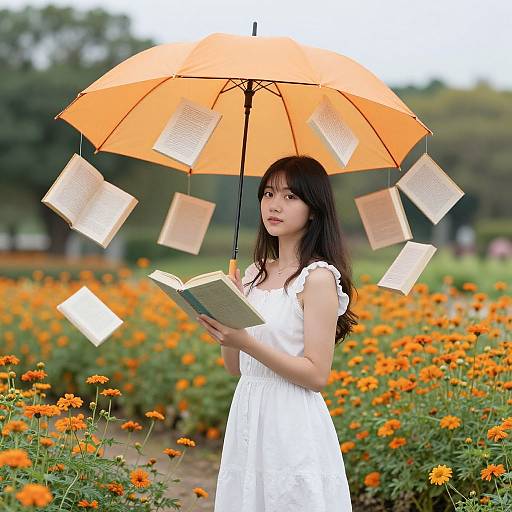 Asian woman in white dress holding orange umbrella with floating papers, standing in vibrant orange flower field. Photograph.