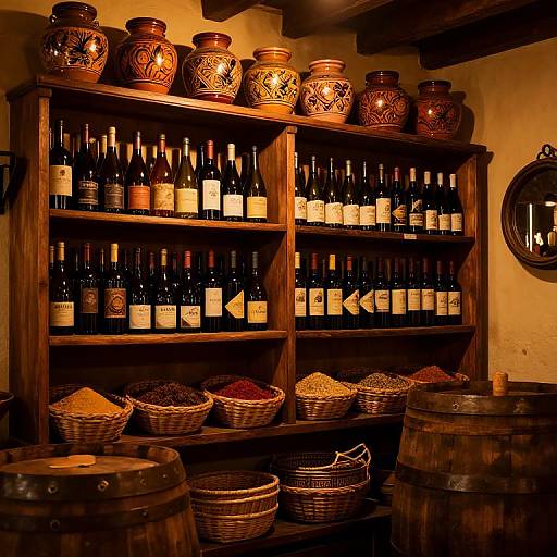 Warm, rustic wine cellar with wooden shelves filled with bottles, decorated jars, and wicker baskets of spices and herbs.