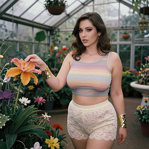 Photograph of a curvy woman with medium skin tone and wavy brown hair, wearing a pastel rainbow crop top and white lace shorts, holding