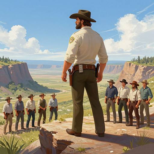 Digital illustration of a bearded, muscular male sheriff in cowboy hat, standing on rocky cliff, facing eight deputies in Western attire, overlooking expansive canyon landscape