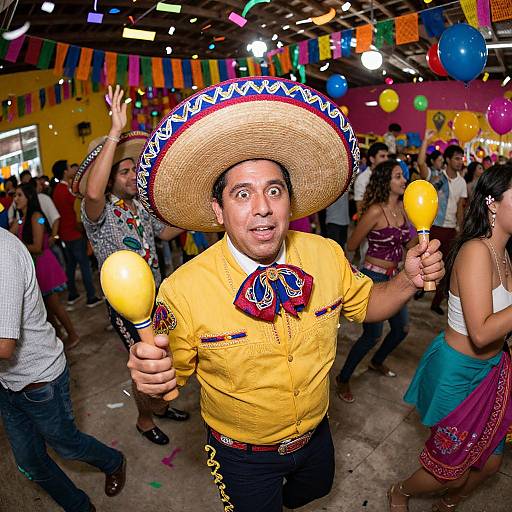 Photograph of a man in a yellow shirt, oversized sombrero, and maracas, dancing at a colorful, festive Mexican party.
