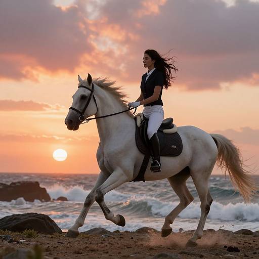 Photograph: Silhouetted woman with long black hair riding a white horse galloping on a rocky beach at sunset, with orange and pink