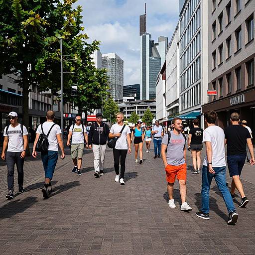 Photograph of a busy urban street with diverse pedestrians in casual summer clothes, surrounded by modern buildings and trees under a bright, blue sky.