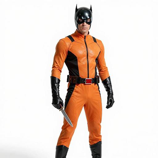 Photograph of a muscular man in a bright orange and black Batman suit, black mask, gloves, belt, and holding a knife, standing against a