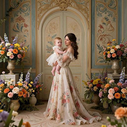 Photograph of a dark-haired woman in a floral, off-shoulder gown, holding a smiling baby, surrounded by vibrant flower arrangements in an orn