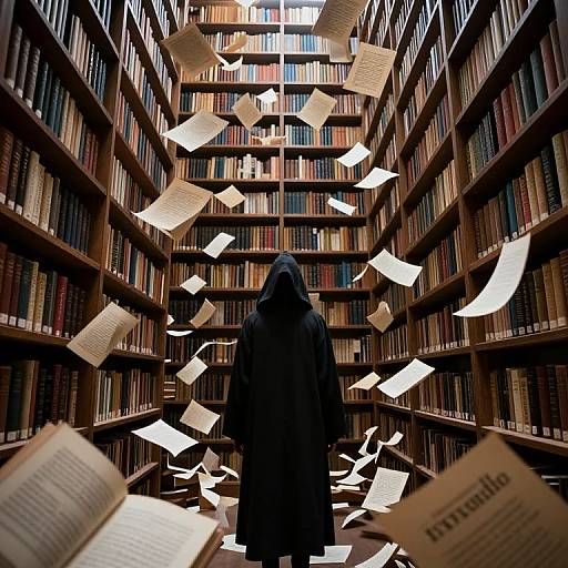Photograph-like digital art: Dark-robed figure stands in a towering library, surrounded by floating, flying books and papers, creating a mystical atmosphere.