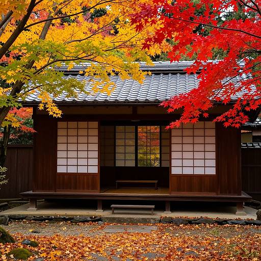 Photograph of a traditional Japanese wooden building with white shoji screens, surrounded by vibrant autumn leaves in red, yellow, and orange.