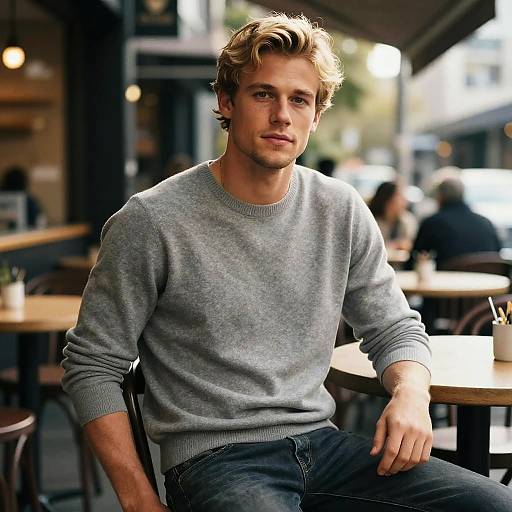 Photograph of a handsome young man with blonde, wavy hair, wearing a light gray sweater and dark jeans, sitting in a cozy, sunlit
