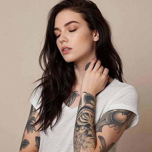 Young Woman with Tattoos and Dots Makeup