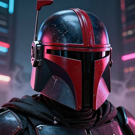 Photorealistic CGI of a Mandalorian in shiny black and red armor with a helmet, featuring a chin guard and antenna, in a neon-lit