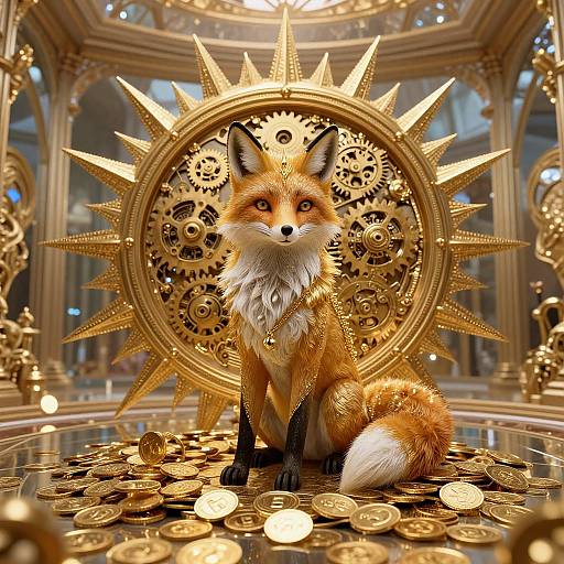 Photorealistic CGI of a regal fox with golden, metallic fur, sitting on a floor of coins, in front of an ornate, sun