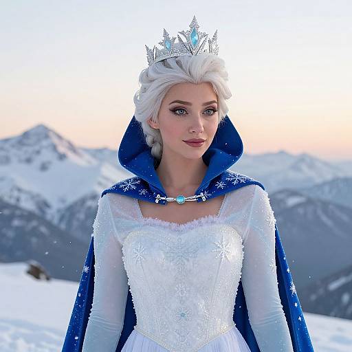 Photorealistic digital art of Elsa from Frozen, with white hair, blue cape, silver crown, white snowflake dress, standing in snowy mountain landscape