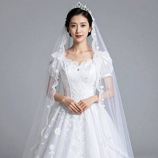 Photograph of an Asian bride in a white lace wedding dress with a veil and tiara, smiling against a plain gray background.