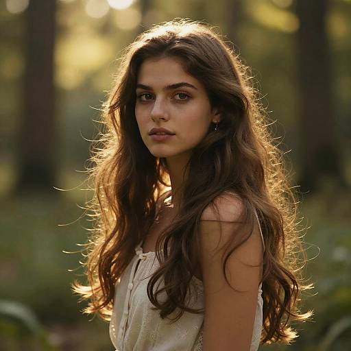 Photograph of a young woman with long, wavy brown hair, sunlit in a forest, wearing a sleeveless, white, lace-trim