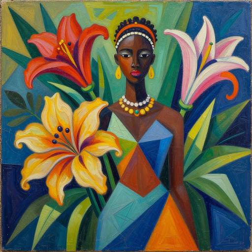 Vibrant painting of a dark-skinned woman with an orange headband, yellow earrings, and geometric dress, surrounded by large red, yellow,