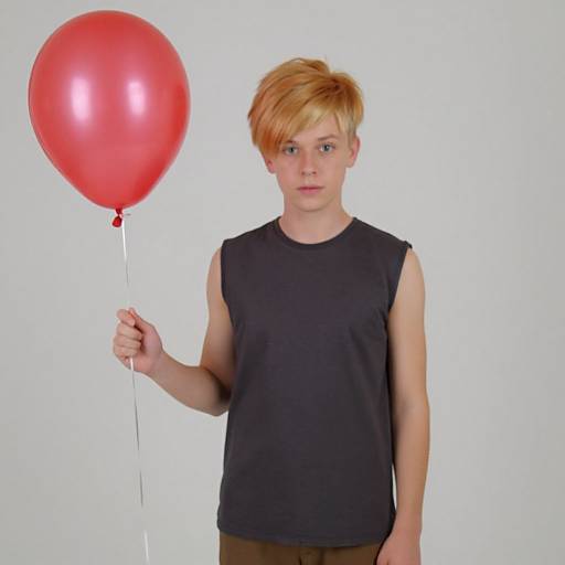 Photograph of a young boy with short, messy blonde hair, wearing a sleeveless black shirt, holding a red balloon against a plain white background.