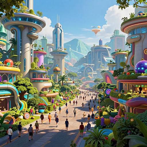 Vibrant, futuristic cityscape illustration featuring colorful, whimsical skyscrapers with lush greenery, winding streets, and numerous people walking under a