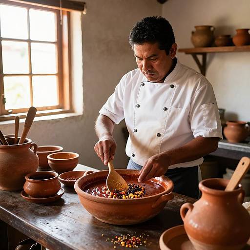 Photograph of a male chef with short black hair, wearing a white double-breasted chef's jacket, mixing colorful spices in a large clay bowl in