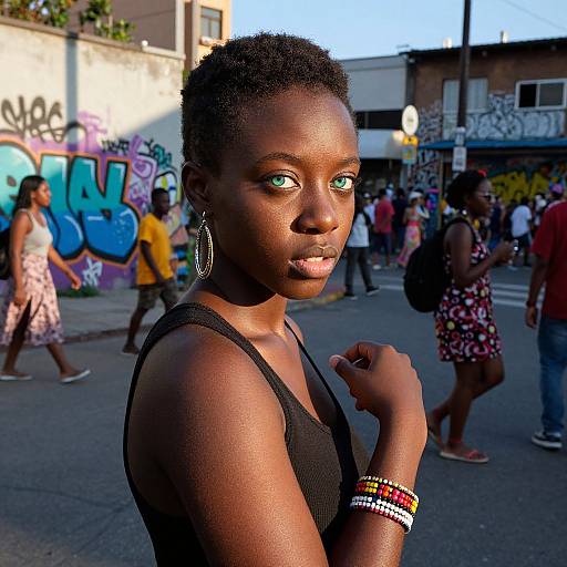 Photograph of a young Black woman with short natural hair, wearing a black tank top, hoop earrings, and colorful bracelets, standing in a vibrant,