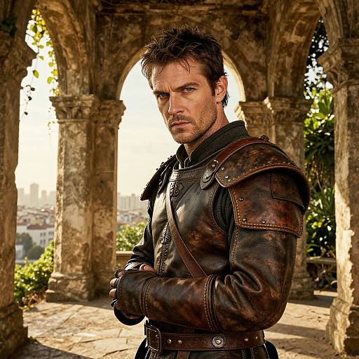 Photograph of a rugged, intense, dark-haired man in worn leather armor standing in a sunlit, ancient stone archway with cityscape background.