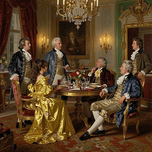 Elegant 18th-century portrait: six aristocrats in luxurious attire, including a woman in a gold dress, seated around a richly decorated table