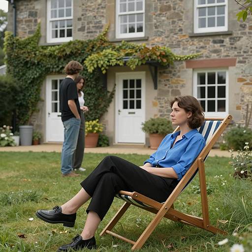Woman Relaxing on Lawn Chair Near Stone House