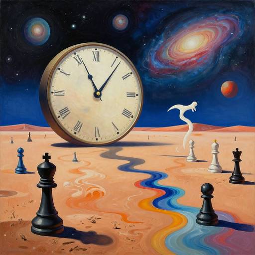 Surreal painting: giant clock in space, swirling rivers on desert, chess pieces, spiral galaxy, white silhouette, vibrant colors.