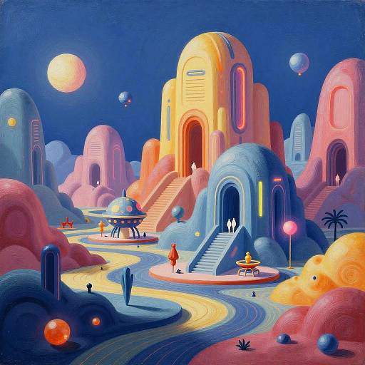 Vibrant digital illustration of a surreal, alien landscape with colorful, dome-shaped buildings, floating orbs, winding paths, and small figures. Bright,