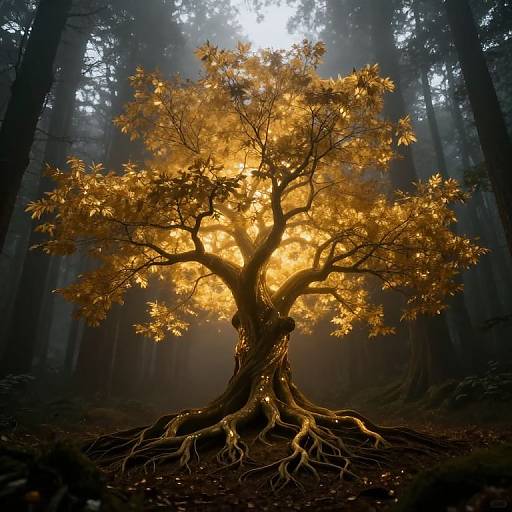 Photograph of a glowing, golden-leaved tree with intricate roots in a misty, dark forest, illuminated from within, creating an ethereal,
