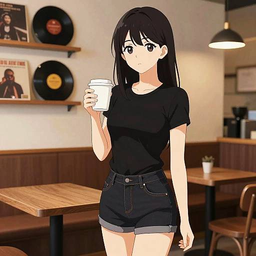 Anime Woman in Cafe Holding Coffee