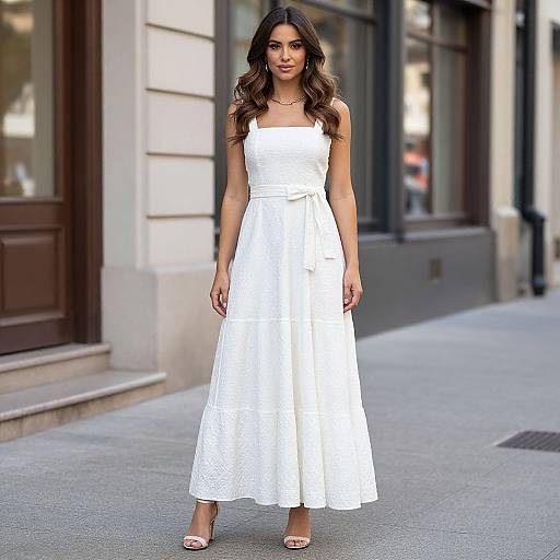 Photograph of a woman with long, wavy brown hair, wearing a white, sleeveless, lace maxi dress and pink open-toe heels,