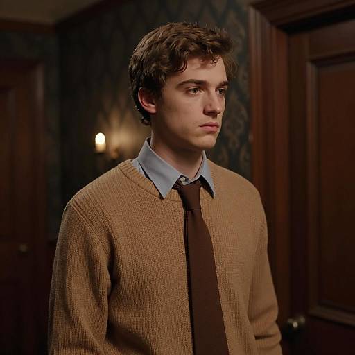 Serious Young Man in Dim Hallway