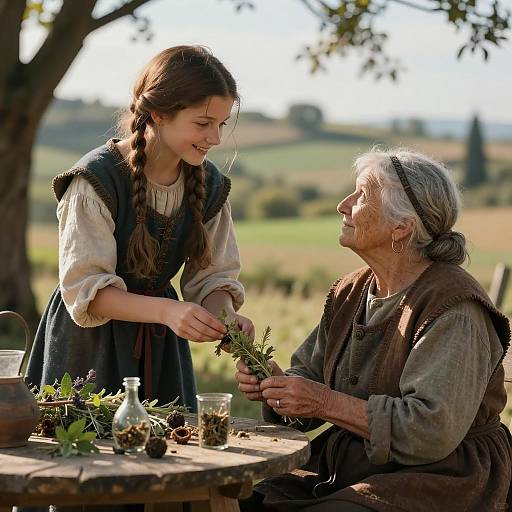 Medieval Peasant Girl and Elderly Woman with Herbs