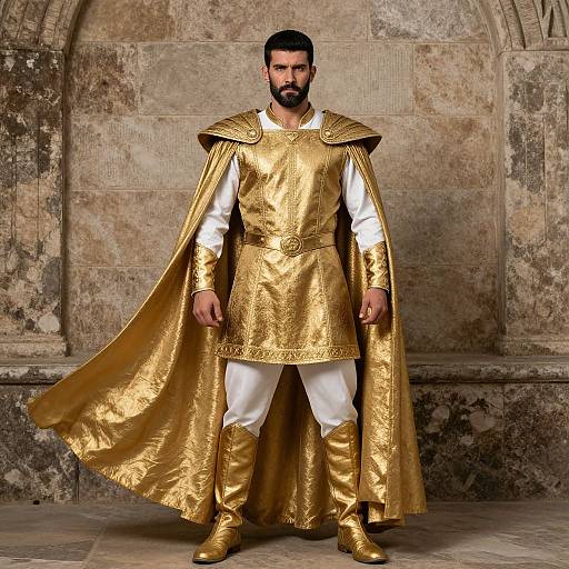 Photorealistic CGI of a bearded man in ornate golden armor with a flowing cape, white shirt, and gold boots, standing against a stone