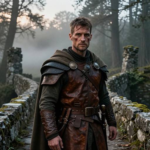 Photograph of a rugged, bearded man in medieval brown leather armor and dark cloak, standing on a mossy stone bridge in a foggy forest