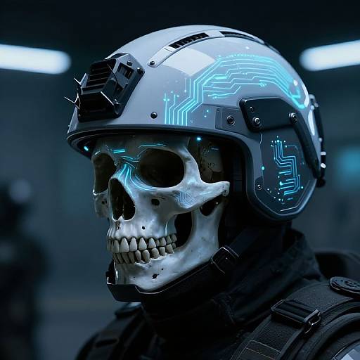 CGI image of a cybernetic soldier with a glowing blue skeletal skull, white helmet featuring neon circuit patterns, and dark armor.