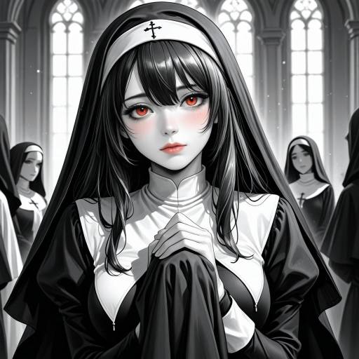 Monochrome Nun with Blushing Expression