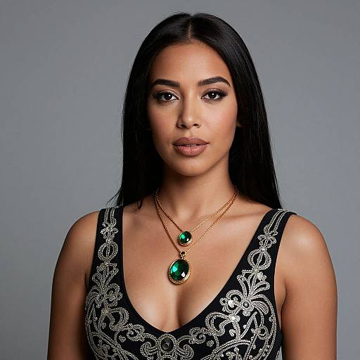 Photograph of a beautiful woman with long black hair, wearing a black lace tank top and gold necklaces with green gemstones, against a gray background